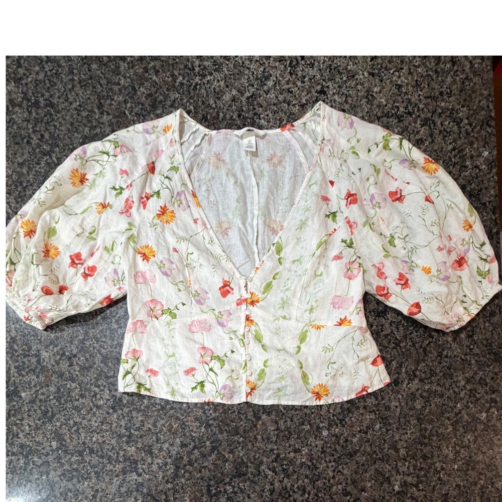 H&M Floral Linen Blend Puff Sleeve Button Front Blouse White Orange Pink Medium